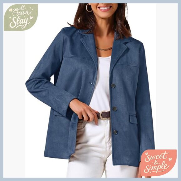 Faux Suede Blazer Women's Business Casual Lapel Long Sleeve Jacket